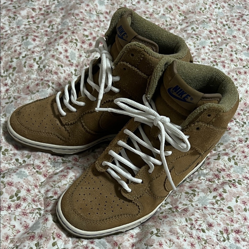 Nike khaki Suede High-Top Wedge Sneakers with White Laces